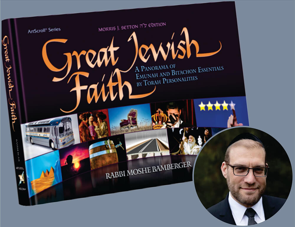 Rabbi Moshe Bamberger with book he authored Great Jewish Faith