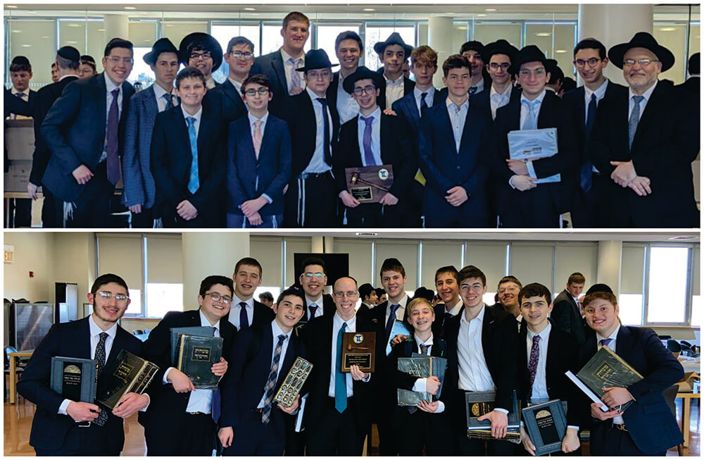 Groups of boys 1st and 2nd place winners at LCM Model Beis Din tournament. Top: 1st place winners from Mesivta HS of Greater Philadelphia; bottom: 2nd place winners from TABC